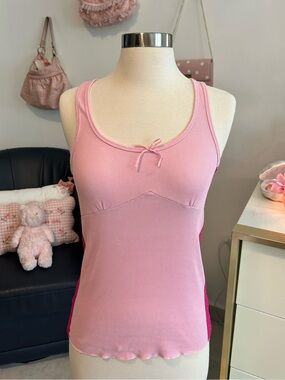 Y2K Pink Ribbed Lace Tank Top with Bow Accent